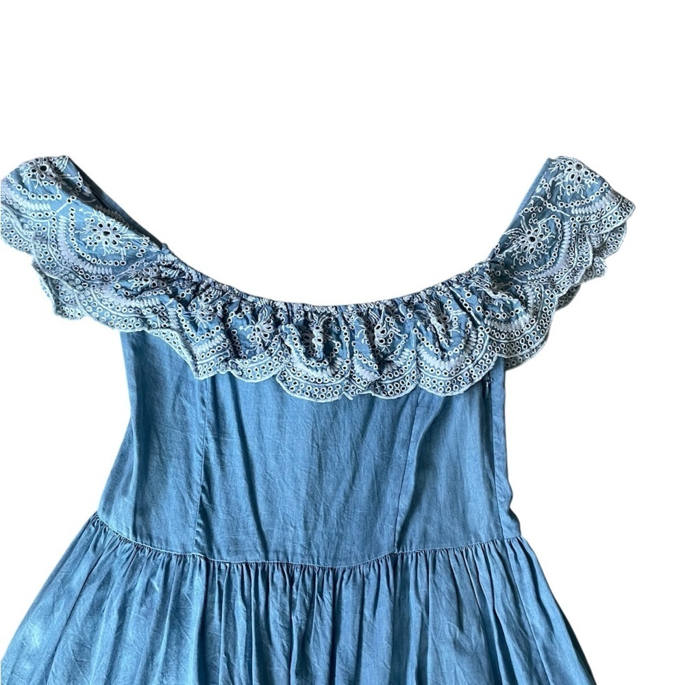 Lovers + Friends Off Shoulder Mini Dress L Dream Vacay Chambray Eyelet Ruffle - Picture 3 of 7